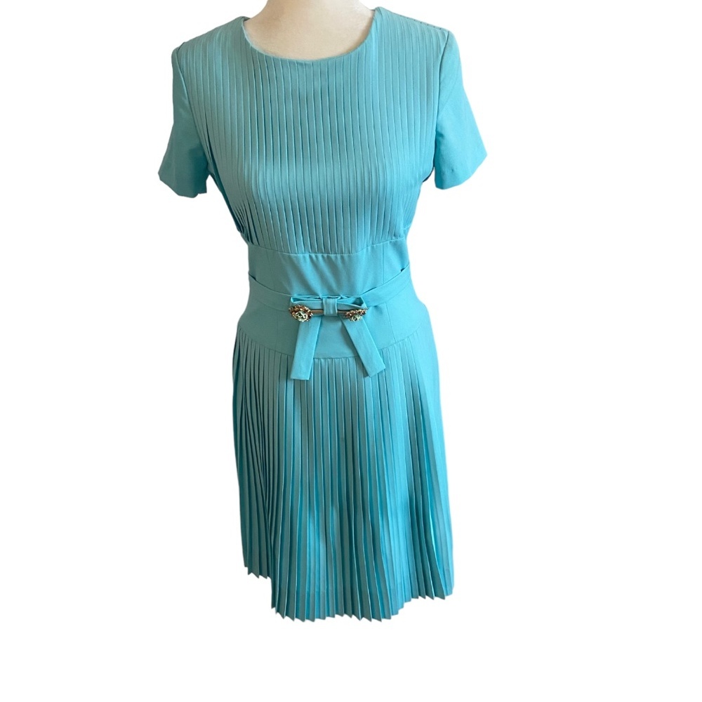 Cavalli Class Pleated Knee length dress short sleeve Bejeweled waist bow USA 6